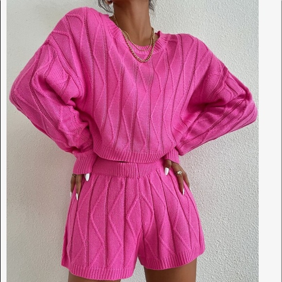 Hot Pink Over Sized Sweater Crop Top & Short Lounge Set - Picture 2 of 10